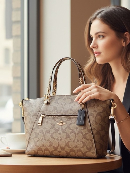 Coach Handbags - COACH Prairie Satchel / Shoulder In Colorblock
Signature Canvas Khaki/Black